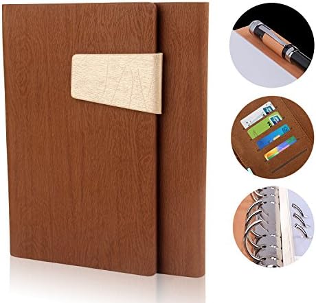 Business Notebook Hardcover, 100 Sheets/ 200 Pages A5 Planner Spiral Bound Loose 6 Ring Portfolio Journal with Pen Loop, Card Slot, Calendar for Business Meeting, Planner, School, Training(Brown)