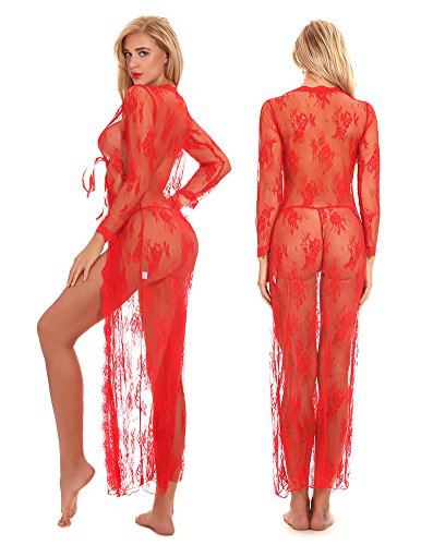 cunlin Women Sexy See Through Lace Gown Kimono Cover Up Sleepwear Set Plus Size Dress Maternity Pregnant Robe Red S