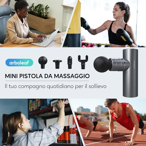 arboleaf Mini Muscle Massage Gun, Massage Gun, Muscle Massager 5 Speeds 4 Silicone Head, 3200rpm Massage Gun Low Noise, Battery 2000 mAhx2 Charging Type-C, Grey