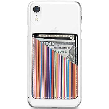 Obbii Stripe Wood Paint PU Leather Card Holder for Back of Phone with 3M Adhesive Stick-on Credit Card Wallet Pockets for iPhone and Android Smartphones