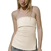 LOFAAC Women Sexy Strapless Zipper Split Side Knit Bandeau Tube Top Y2K Slim Sleeveless Backless Off Shoulder Tank Shirt
