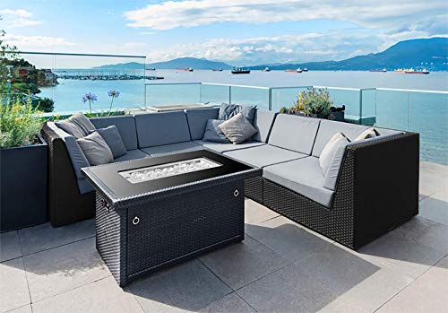Outland Living Series 401 Grey 44-Inch Outdoor Propane Gas Fire Pit Table, Black Tempered Tabletop w/Arctic Ice Glass Rocks and Resin Wicker Panels, Slate Grey/Rectangle