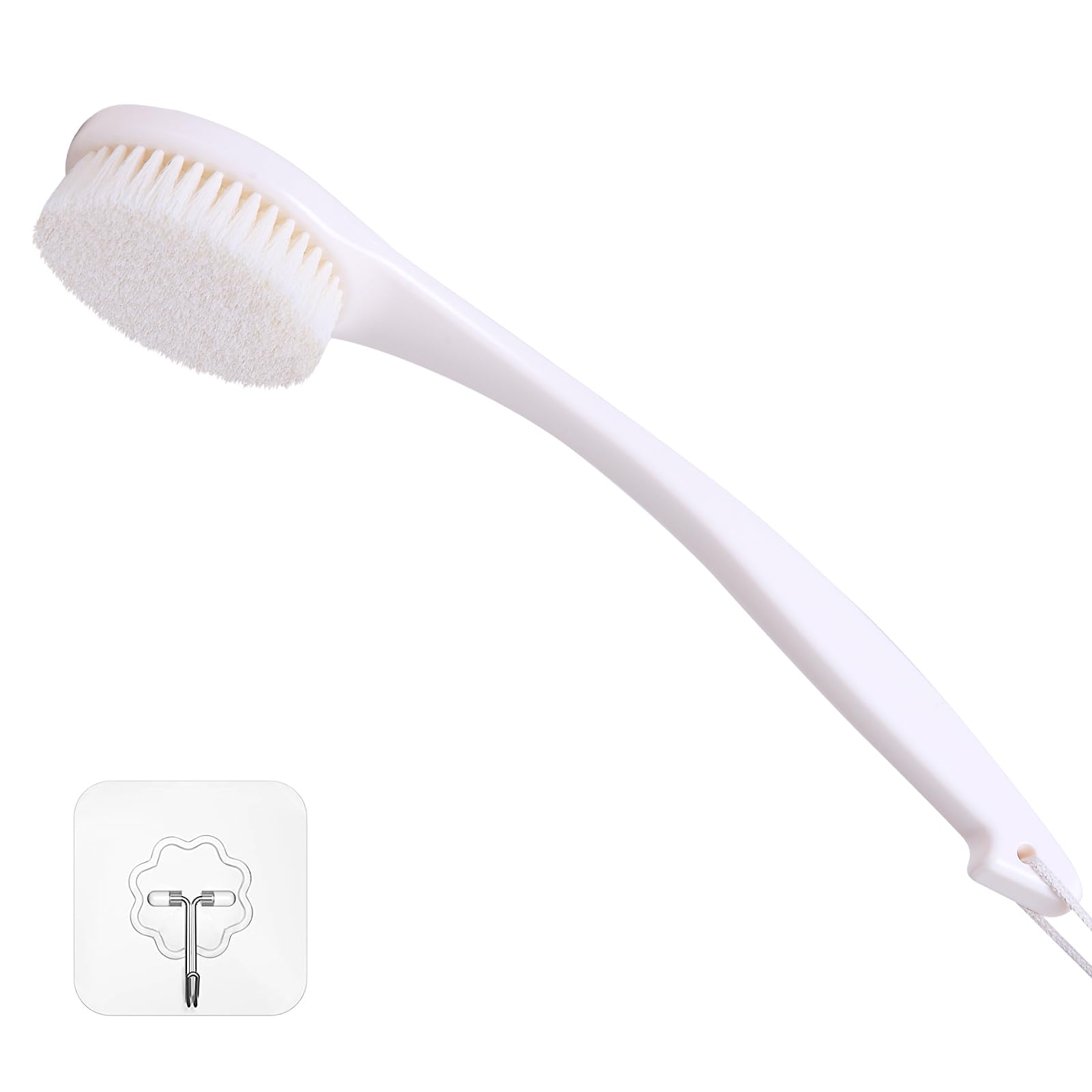 ROLIZOE Back Brush Long Handle for Shower, Soft Bristle Back Scrubbers for Use in Shower, Ergonomics Curved Plastic Back Scrubber Exfoliating Brush with Hook and Lanyard-Cream White