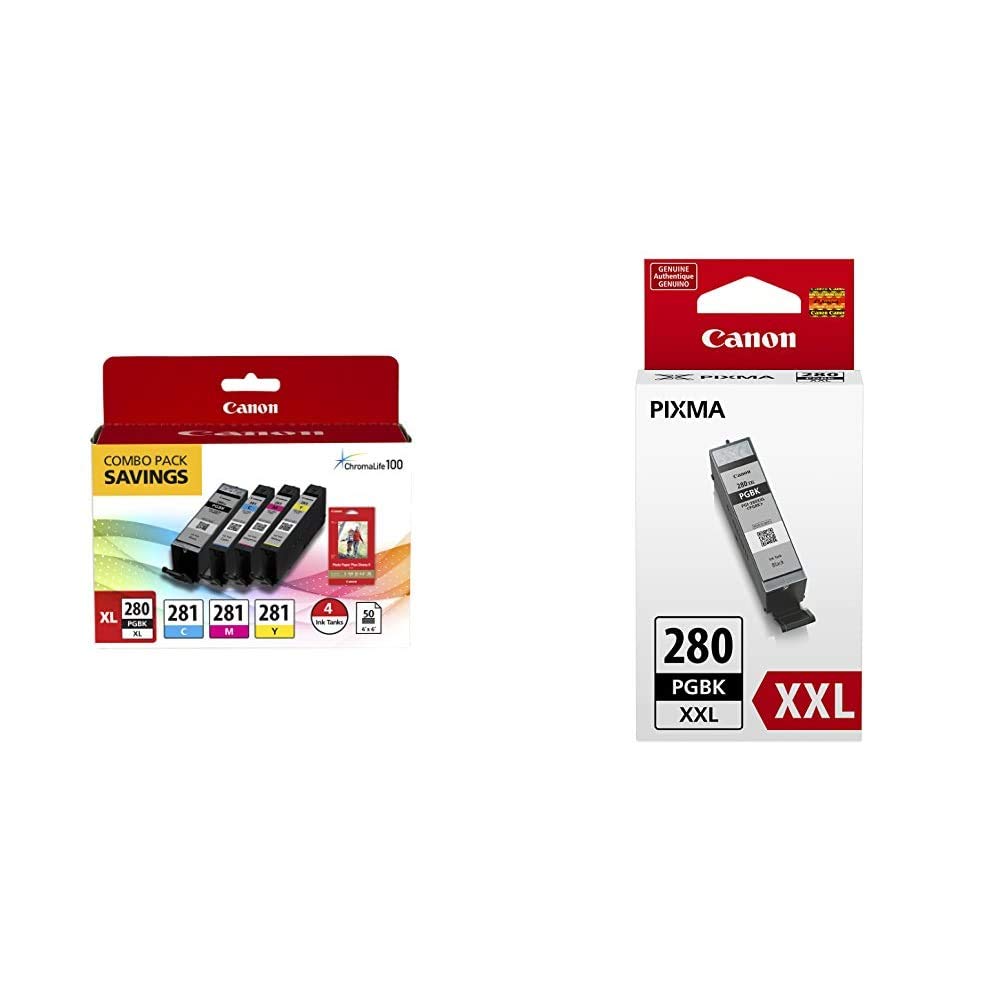 Canon PGI-280XL PGBK/CLI-281CMY, 50 Sheets PP-301 Combo Pack & PGI-280 XXL Pigment Black Ink Tank, Compatible to: TS8120, TS6120, TR7520, TR8520, TS9120, TS8120 - 1967C001