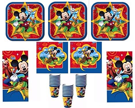 Disney Mickey Mouse Party Supplies Kit Including Plates, Napkins, Cups and Table Cover for 24 Guests