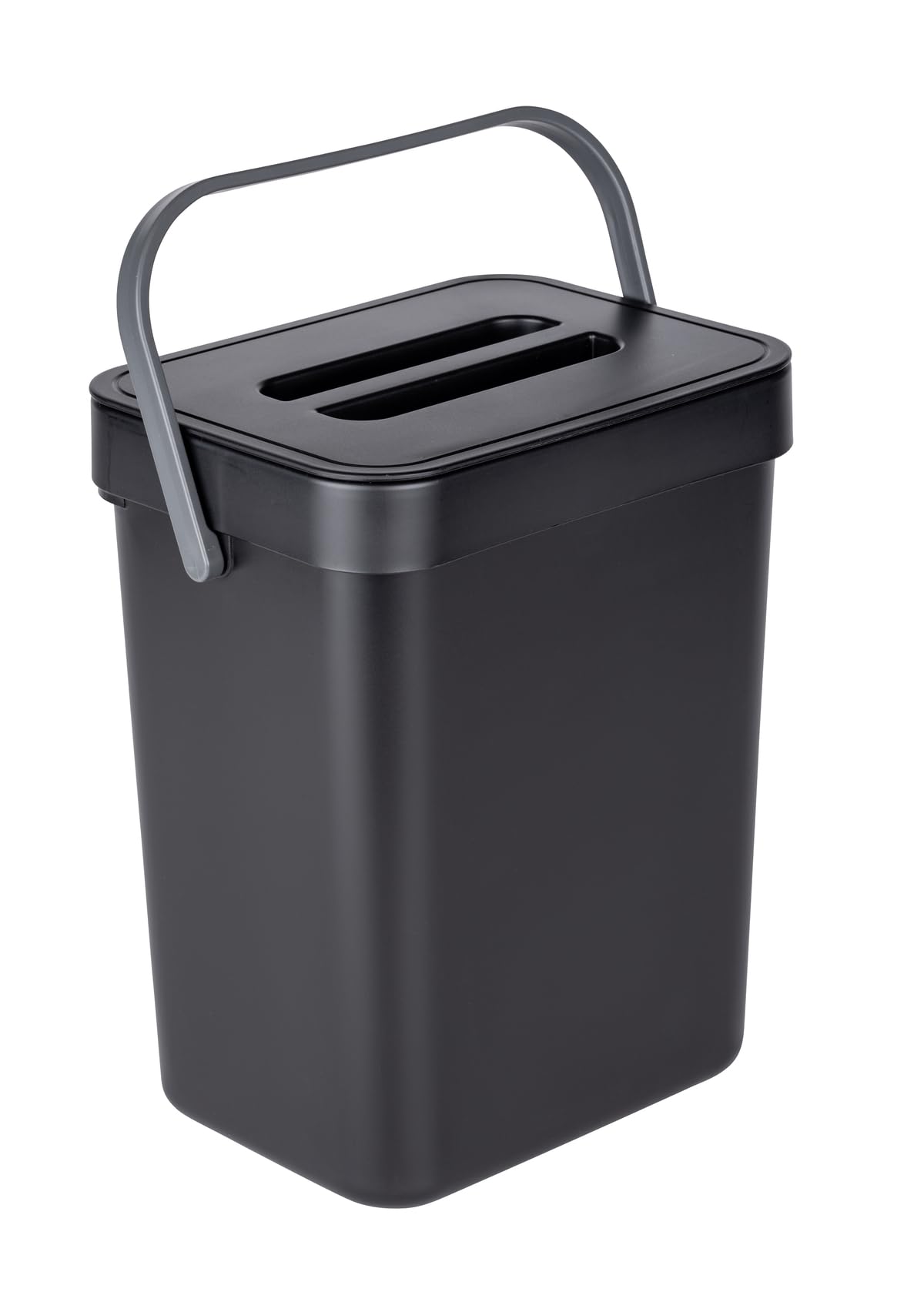 WENKO Tago waste bin with handle, wastebasket with 5 litre capacity, compact waste bin in black for mounting without drilling, incl. door-mounted Static-Loc® plastic mounting option, 21 x 24.5 x 17 cm