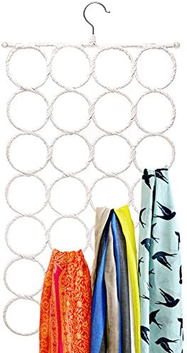 SecuRing Hanger | Super Sturdy and Space Saver Papper Rattan and Stainless Steel Rack Anti Snag Closet Door Organizer Scarf Hanger with 28 Laps | Brilliant Swivel Hook | Vibrant White