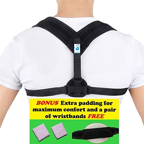 Clavicle brace corset Posture corrector for women and men by Rbada - Adjustable back support belt neck upper shoulders pain relief + BONUS Extra padding and a pair of wristbands FREE