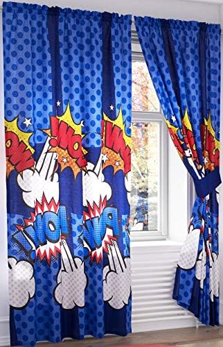 Primor Casa Capitan Comic Book Super Heroes Bedroom Curtain Panel Set for Boys, 4 Pieces, Blue, Rich Cotton (55" x 84" Per Panel)