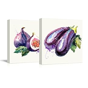 2 Panel Square Canvas Wall Art - Fig and Eggplant Watercolor | Fruits Watercolor Art and Illustrations - Giclee Print Gallery Wrap Modern Home Art Ready to Hang - 12"x12" x 2 Panels