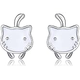 SLUYNZ 925 Sterling Silver Cute Cat Studs Earrings for Women Teens White Cat Earrings Studs Cat Gift for Cat Lovers