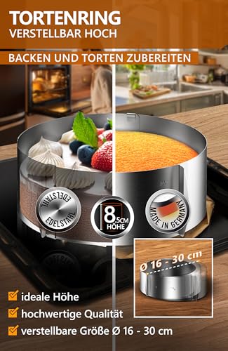 4smile Adjustable Cake Ring - Stainless Steel, 8.5 cm High - Made in Germany Cake Ring, Clips for Fixing - Heavy Duty Spring Shaped Replacement Ideal for Cake Creations, 16 to 30 cm, Matt Silver