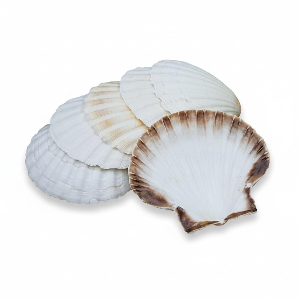 Avalon SCALLOP SHELLS - Cleaned and Washed - British White Scallop Shells - Quality Clam Shells for Appetizer Serving Dishes, Parties, Buffets, Crafts, Decorations etc (6, 12-13cm)