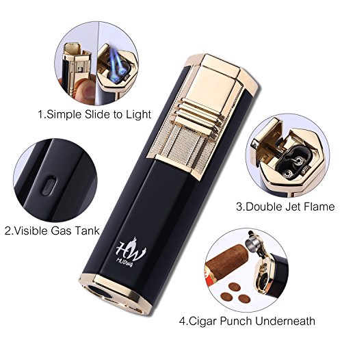 HUOWA Dual Jets Torch Lighter with a Cigar Punch Cutter, Elegant Butane Gas Refillable Cigarette Lighter for Men, Business Gift (Black)