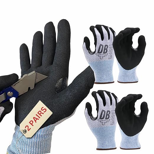 Durabull Safety Workwear or Gardening Gloves. Stretch comfort fit. Sandy Nitrile Coating, Giving a Firm, Anti Slip Grip. Reinforced/Heavy Duty Use. Cut Resistant (2, 10)