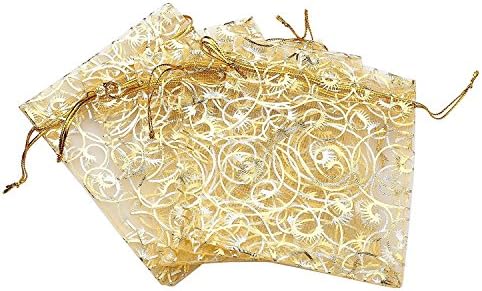 Wetco 100 Pcs 4 x 6" Organza Gift Bags with Drawstring Party Bags Candy Bags Jewelry Bags (Patterned Gold)