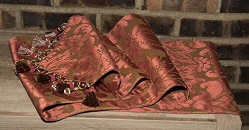 Luxury Gold Spice Red Damask Floral, 13"x 70"Inch Table Runner with Beaded Tassel Fringe