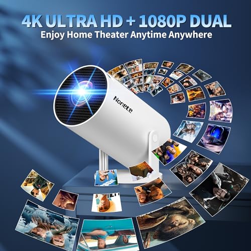 Mini Projector 4K 1080P Full HD Video Portable Projector Support with WiFi 6 & Bluetooth 5.2, Auto Keystone Adjustment Built-in Apps Smart with 270° Rotation for USB/TV Stick/HDMI-White