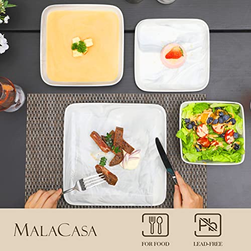 MALACASA Square Dinnerware Sets, 24Piece Marble Grey Plates and Bowls