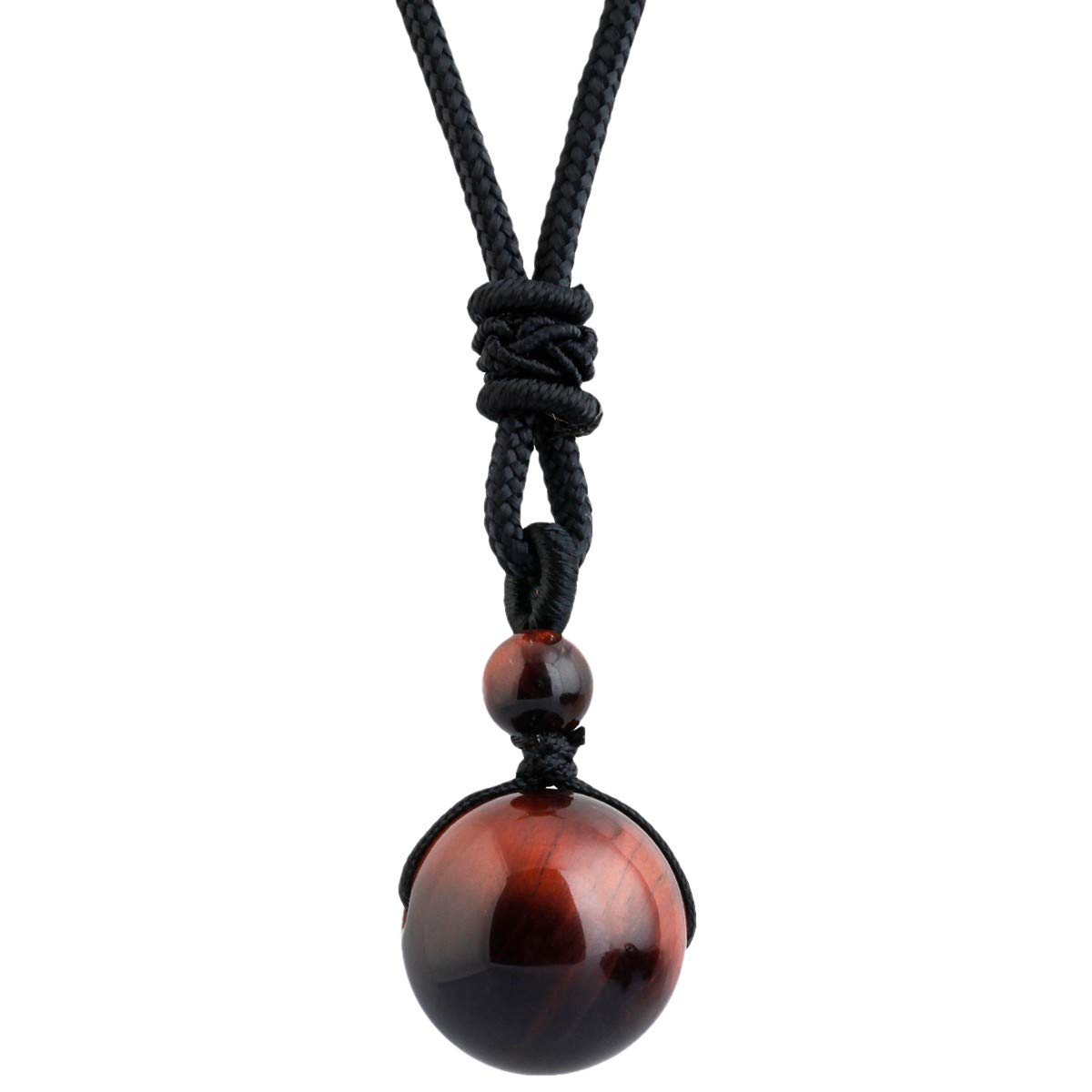 mookaitedecor Red Tiger's Eye Healing Crystal Bead Pendant Necklace for Men Women, Round Stone Necklace Reiki Chakra Crystal Jewellery Gift Semi Precious Stone Necklace with Black Cord
