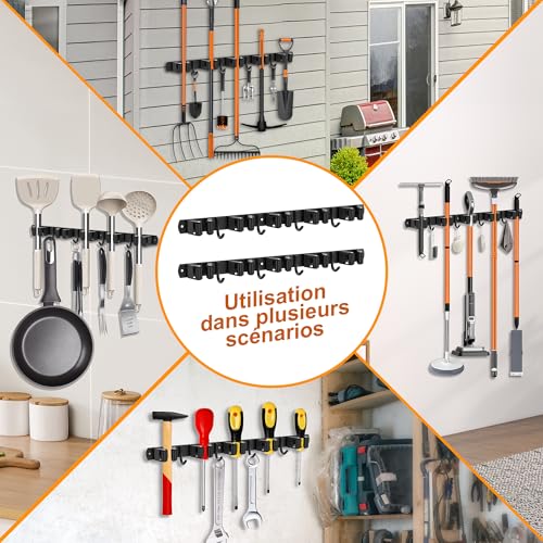 OMerima Wall Mounted Broom Holder, Stainless Steel Broom Holder - 10 Brackets + 8 Hooks, Wall Mounted Broom Holder Without Drilling Black, Can Be Used in Kitchen, Bathroom, Garden, Garage (2 Pieces)