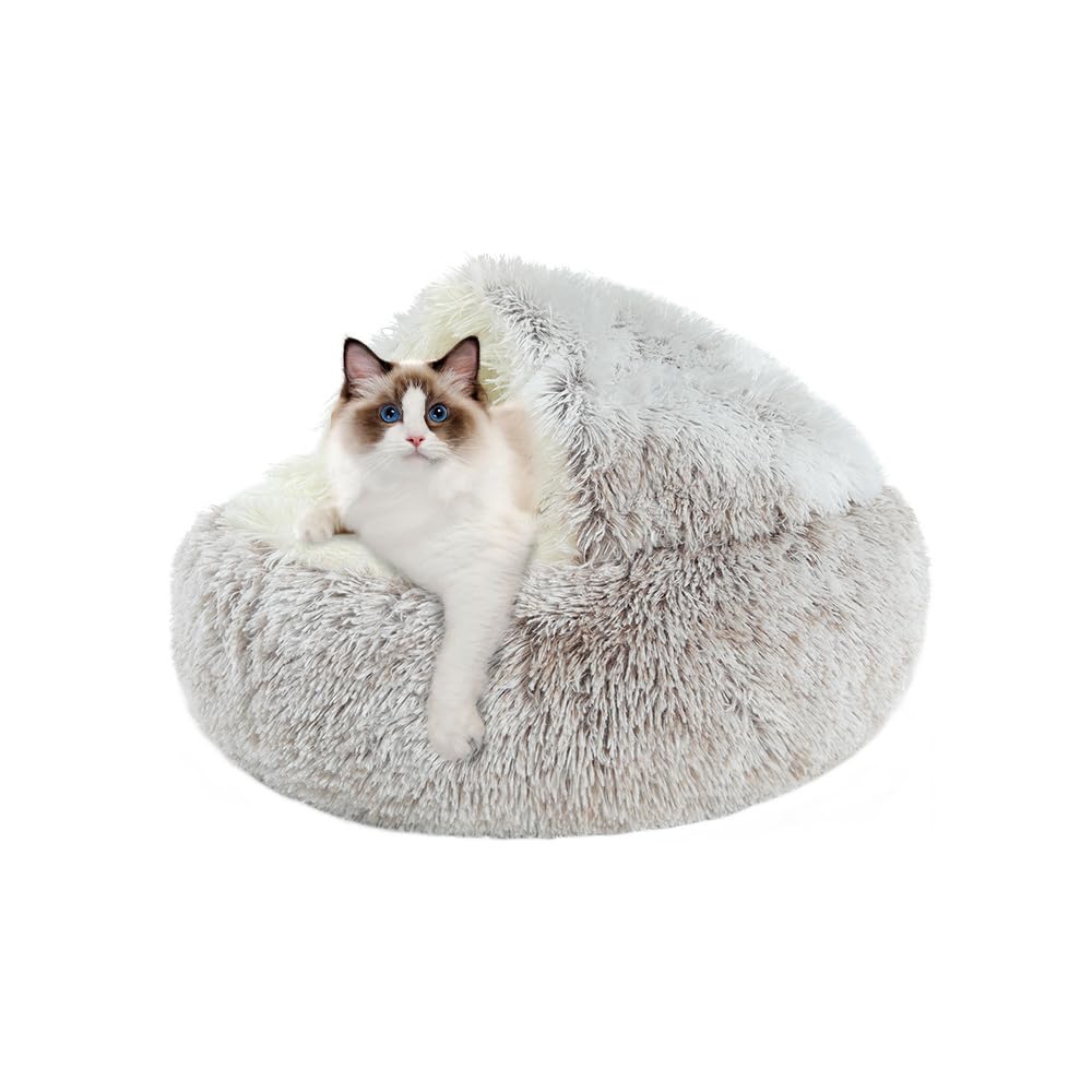 CUEMOON Fluffy Cat Bed, Round, Soft Plush, Small Dogs and Cats Pet Bed, Washable, Non-Slip Dog Beds, Long Plush Thickened Warm Dog Basket, Sleeping Pillow, Non-Slip, Curry