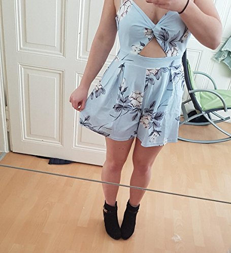 Poptem Women Sexy V Neck Printed Spaghetti Strap Beach Romper Shorts Jumpsuit Summer Playsuit (Light Blue, M) - Thumbnail 2