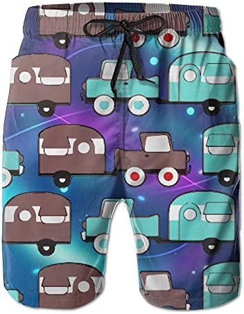 Retro Camping Trailer Turquoise Red Vintage Cars Men's Tropical Quick Dry Board Shorts Bathing Suits Swimwear Volley Beach Trunks
