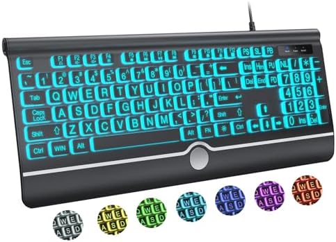 KOPJIPPOM Large Print Backlit Computer Keyboard, USB Full Size Wired Keyboards with 7-Colors Backlight, Wrist Rest, Light Up Keyboard for Windows, PC, Laptop - Easy to See, Easy to Setup