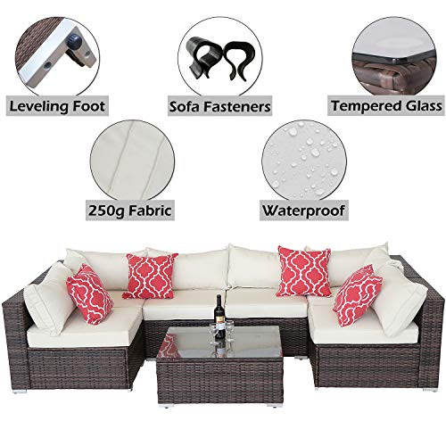 Do4U 7 Pieces Outdoor Patio PE Rattan Wicker Sofa Sectional Furniture Set Conversation Set- Turquoise Seat Cushions & Glass Coffee Table| Patio, Backyard, Pool| Steel Frame (Beige)