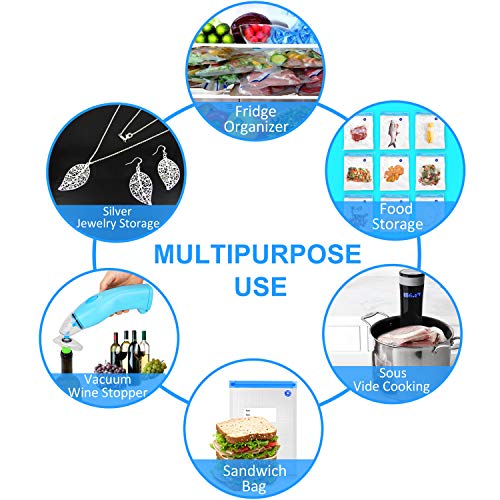 Sous Vide Bags Kit Handheld Vacuum Sealer BPA Free 15 Reusable Vacuum Sealer Bags 1 Vacuum Wine Stopper 2 Sealing Clips 4 Sous Vide Clips for Food Preservation Kitchen Homemaker (Blue)