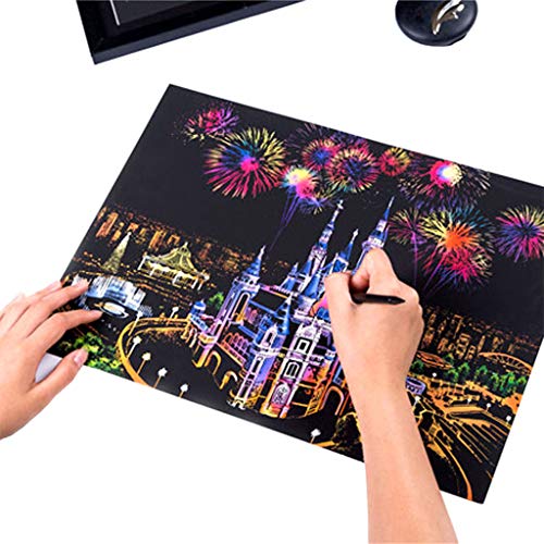 Eraimp Scratch Art Paper, Rainbow Painting Sketch Pad, Night View Scratchboard for Adult and Kids, DIY Arts & Crafts, with Wooden Stylus, Exquisite Packaging - 15.94"x11.2", Castle - Thumbnail 2