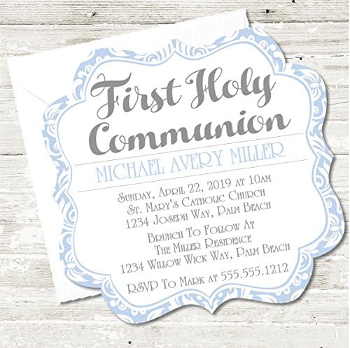 Boys Blue Damask First Holy Communion Die Cut Square Invitations
