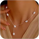 LOVPEPY Dainty Pearl Necklaces for Women 925 Sterling Silver Simple White Pearl Drop Y Long Pendant Necklace Pearls Gold Choker Necklace for Mother Bride Birthday Wedding Valentines Day Jewelry Gift