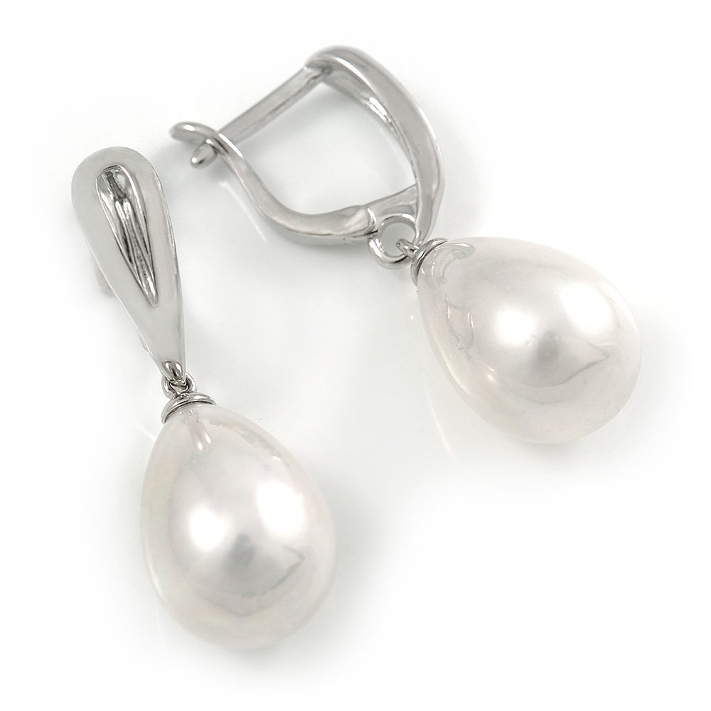 Classic White Polished Teardrop Shape Pearl Style Earrings/Rhodium Plated Alloy/ 33mm L