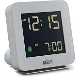 Braun Digital Alarm Clock with Snooze, Negative LCD Display, Quick Set, Crescendo Beep Alarm in Grey, Model BC09G.