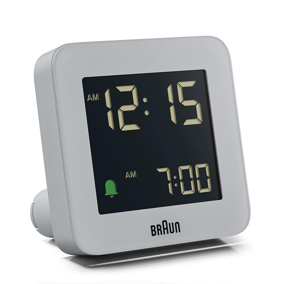 Braun Digital Alarm Clock with Snooze, Negative LCD Display, Quick Set, Crescendo Beep Alarm in Grey, model BC09G.