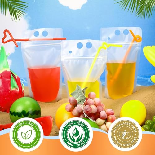 YUTVXAC 200 Piezas bolsas para bebidas con popote,Bolsas de Zumo Transparentes Reutilizables,con 200 pajitas y Embudo,Adecuado para almacenar jugos,batidos,bebidas calientes y bebidas frías.