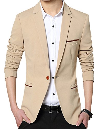 DAVID.ANN Men's Slim Fit Suits Casual One Button Flap Pockets Solid Blazer Jacket,Khaki,Medium