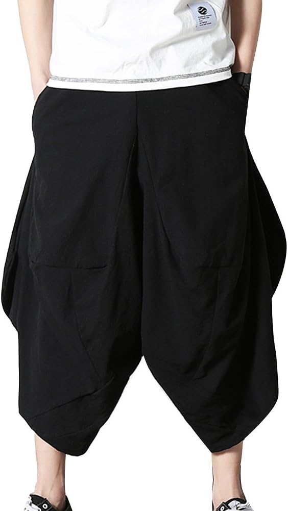 LaoZanA Mens Chinos Cropped Trousers Baggy Boho Hippie Wide Leg Elasticated Waist Linen Lightweight Harem Pants Plus Size