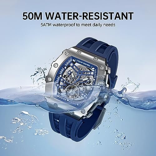 TSAR BOMBA Automatic Tonneau Carbon Fiber Bezel Luxury Mens Watches 50M Waterproof Skeleton Mechanical Stylish Watch for Men Simple Men’s Silver Wrist Watch Cool Unique Watch with Silicone Strap
