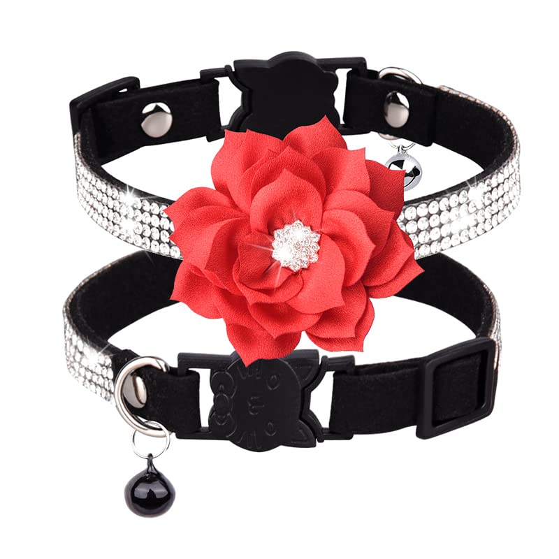haoyueer Rhinestones Dog Cat Collars with Bell Bling Pet Puppy Collars with Soft Velvet Crystal Collars Girl Jeweled Necklace (Black-1)
