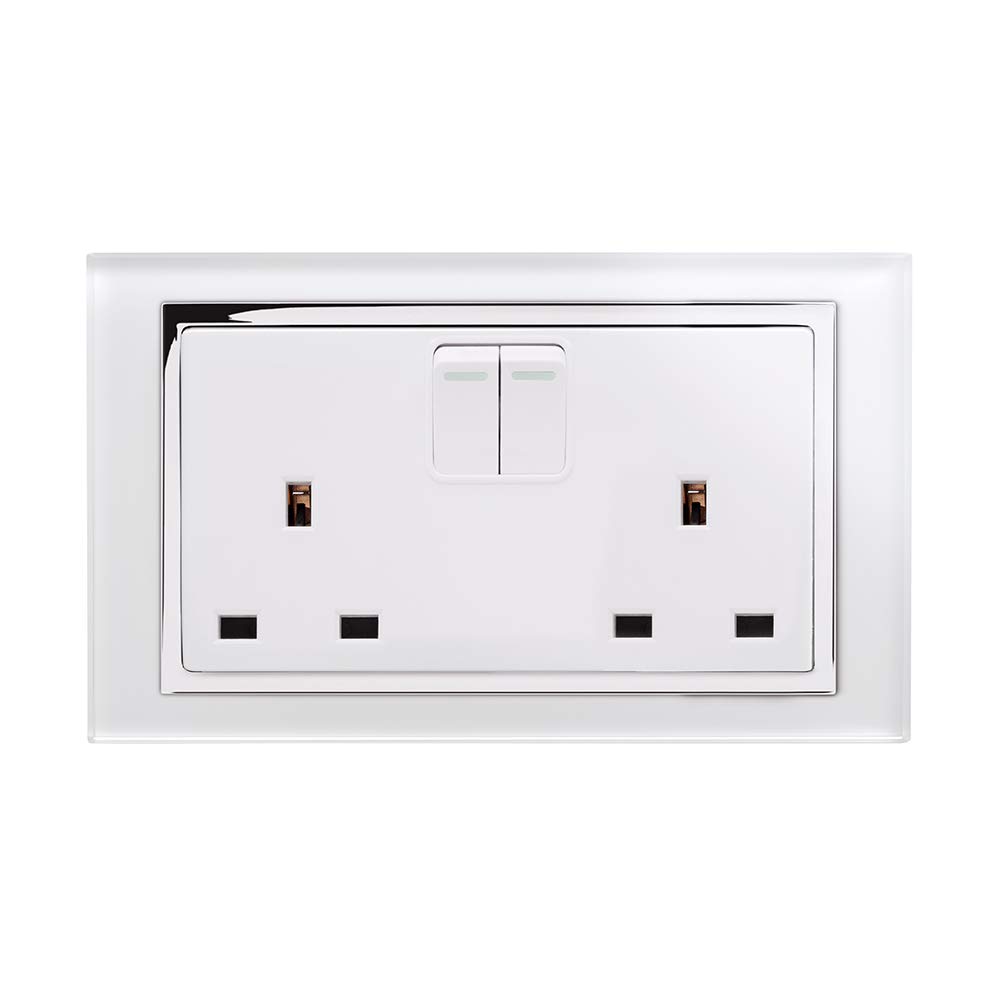 Retrotouch Crystal 13A 2-Gang DP Switched Plug Socket White Glass with Chrome Trim, w8 x h86 x d146 mm