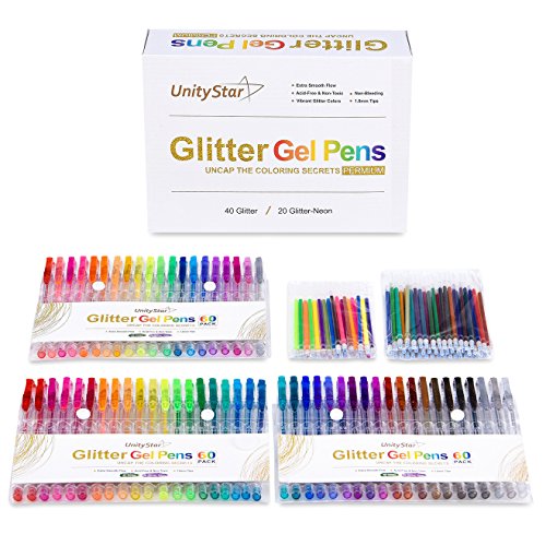 UnityStar 120-Set Glitter Gel Pen for Adult Coloring Books,60 Glitter Colors & 60 Ink Refills
