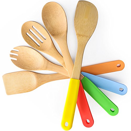 Bamboo Spoons For Cooking Non Stick Kitchen Bamboo Spoon With Colorful Ergonomic Silicone Handles In Red Yellow Green Orange Blue