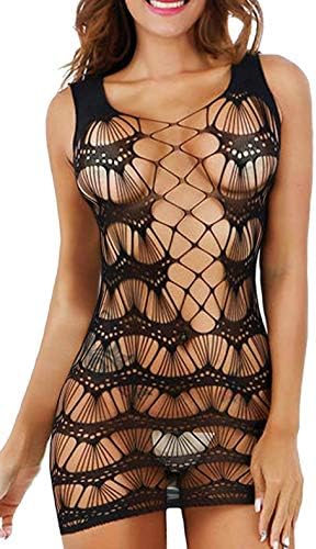 Vorifun Women Fishnet Lingerie See Through Sleepwear One Piece V-Neck Babydoll Mini Dress One Size
