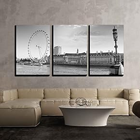 3 Piece Canvas Wall Art - View The London Aquarium and The London Eye from Westminster Bridge. - Modern Home Art Stretched and Framed Ready to Hang - 16"x24"x3 Panels