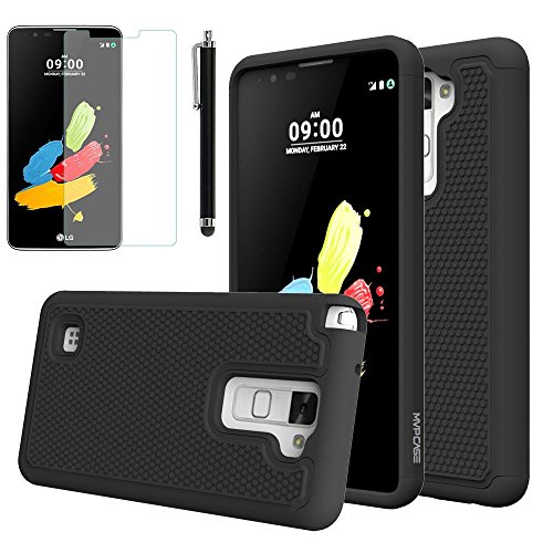 LG Stylo 2 Case, LG Stylus 2 Case, Heavy Duty Shock Proof High Impact Hybrid Rugged Dual Layer Hard Bumper Protective Rubber Silicone Defender Case Cover With Screen Protector (BLACK)