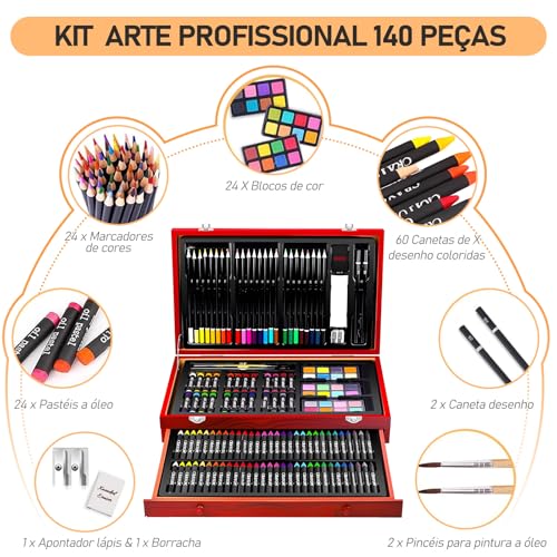 GODREAM Kit de Arte 140 Peças para Pintura e Desenho Infantil, Maleta de Pintura Infantil, com Aquarela, Giz de Cera, Giz Pastel Oleoso e Lapis de cor, Presente para Menina e Menino 5 6 7 8 9 Anos