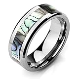 Men's Wide 8mm Tungsten Mother of Pearl Abalone Shell Ring Band Silver Comfort Fit Wedding High Polish